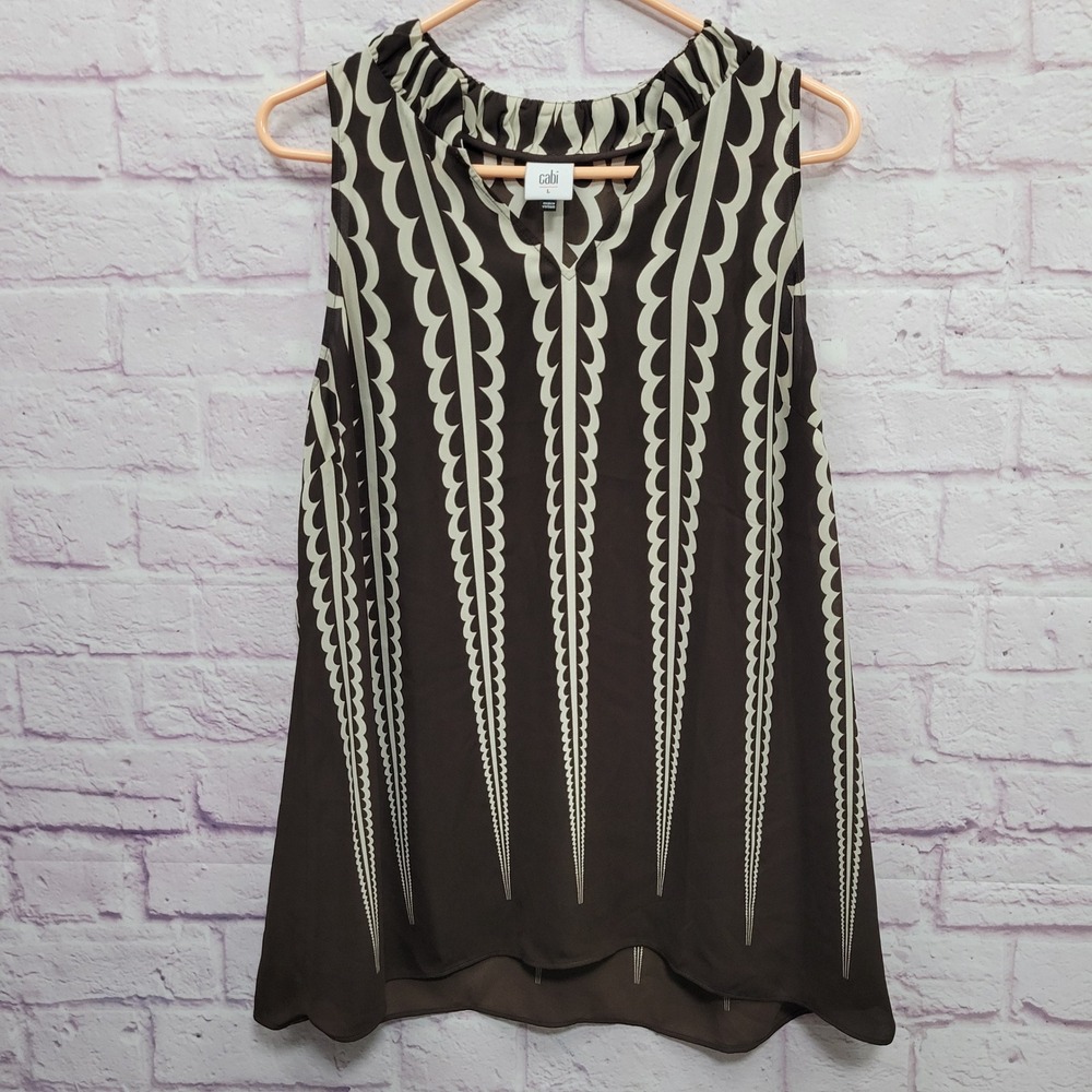 Cabi Deco Top Brown‎ Cream Sleeveless Tank Blouse L Retro Geometric Whimsigoth